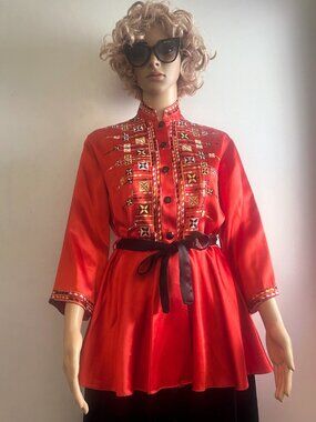 Vintage Embroidered Red Satin Hostess Jacket Tunic 1940s Inspired Asian Inspired
